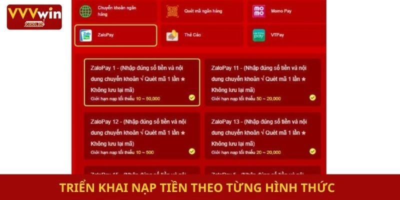 Triển khai nạp tiền theo từng hình thức